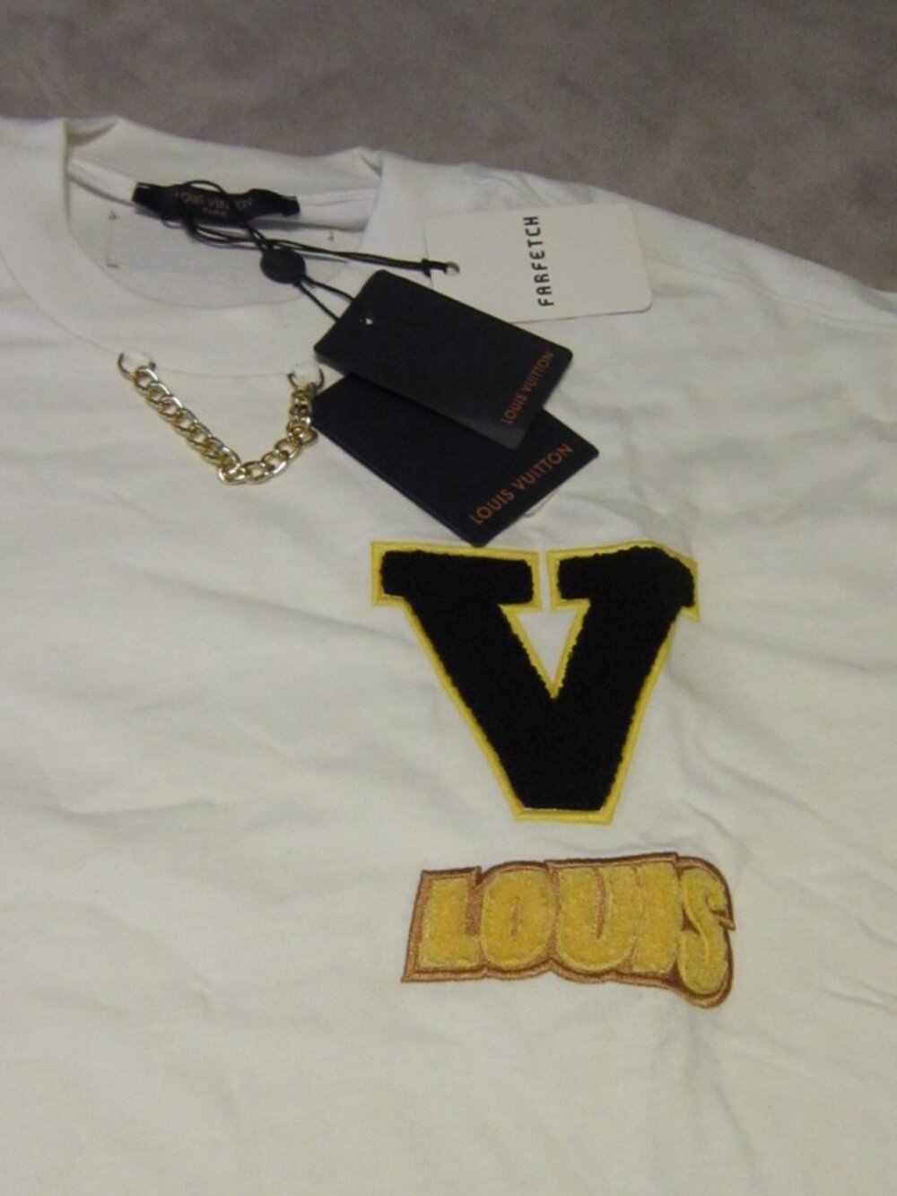 White Louis Vuitton Crewneck T-Shirt Collegiate Style w/ Gold Chain - Medium NEW